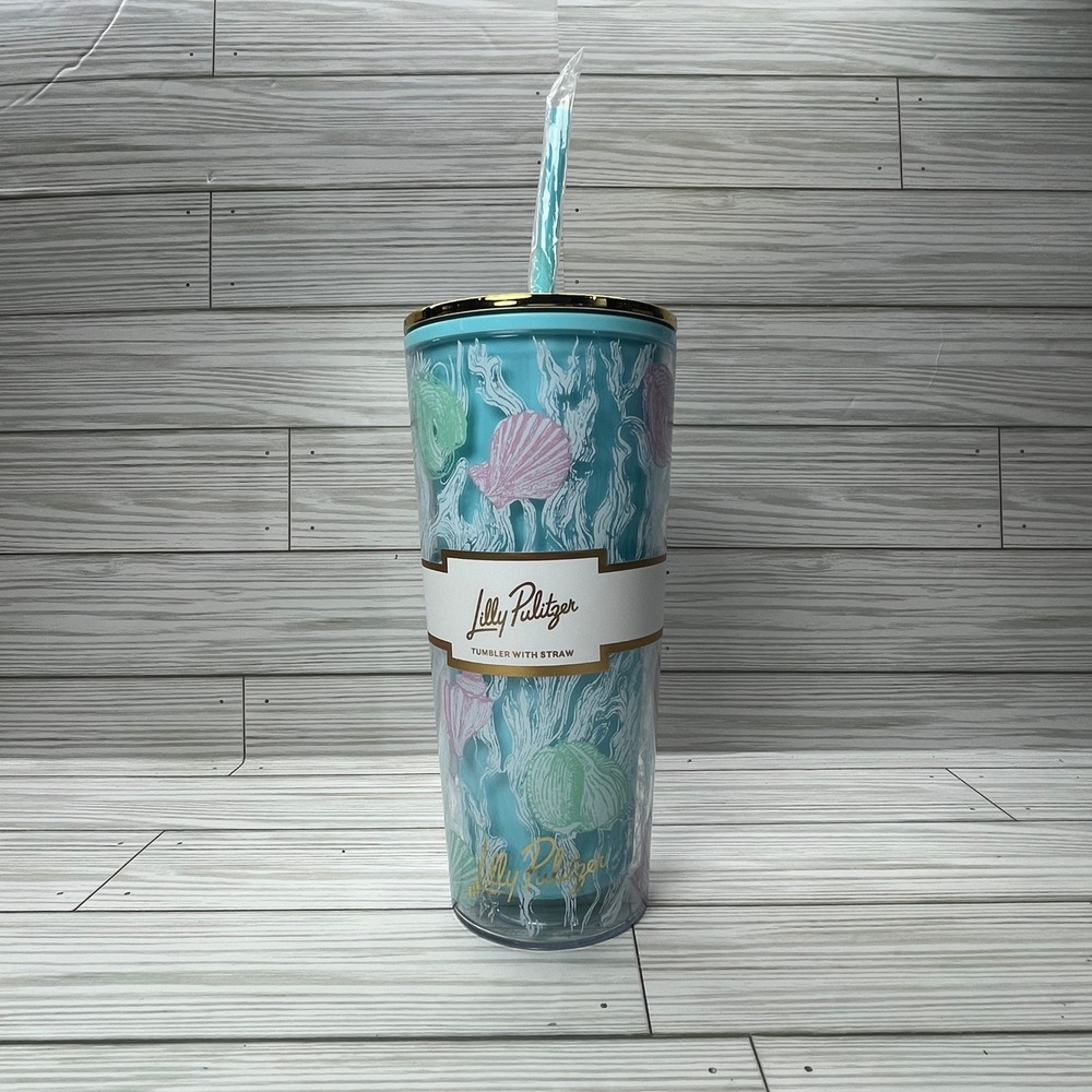 Lilly Pulitzer 24oz Tumbler with Straw Blue Seashell Coastal Insulated Cup NWT